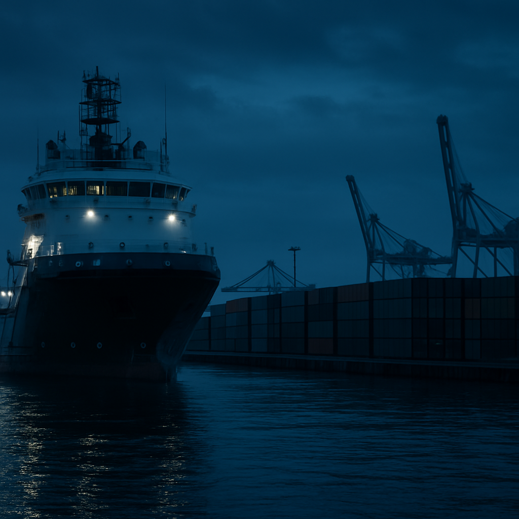 Offshore supply vessel and cargo containers at an industrial port